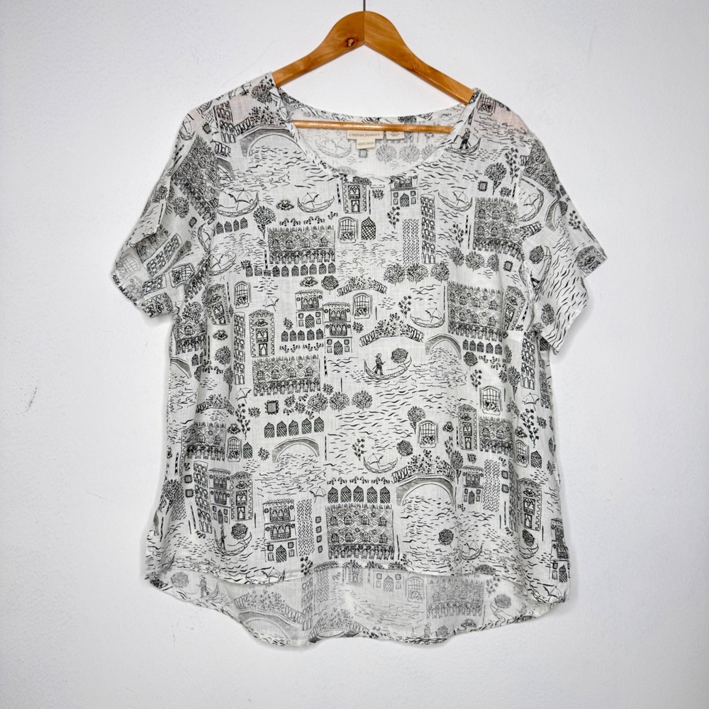 Cynthia Rowley Womens 1X Linen Blouse Venice Italy City Print White Black Top
